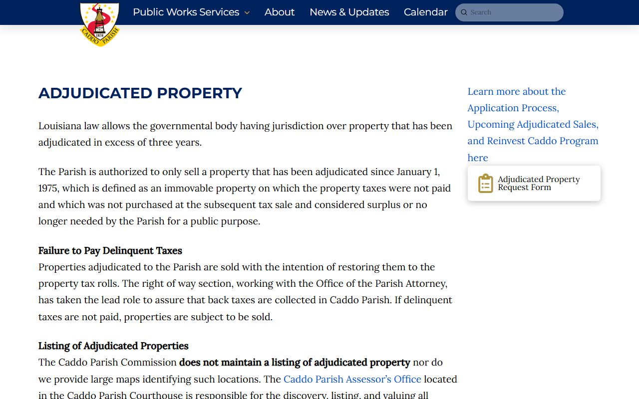 Caddo Parish adjudicated property information page