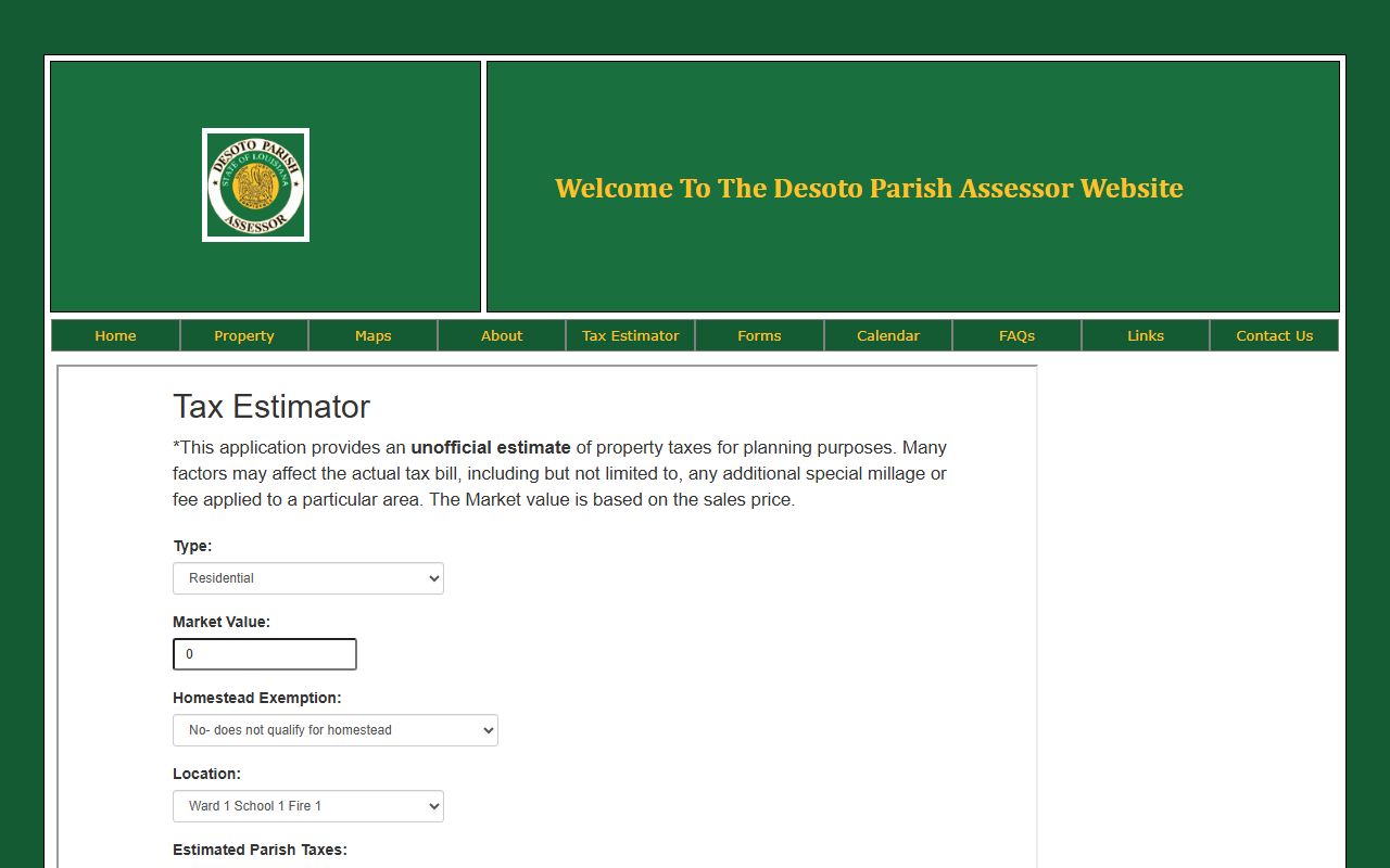 DeSoto Parish Assessor tax estimator tool for property tax records