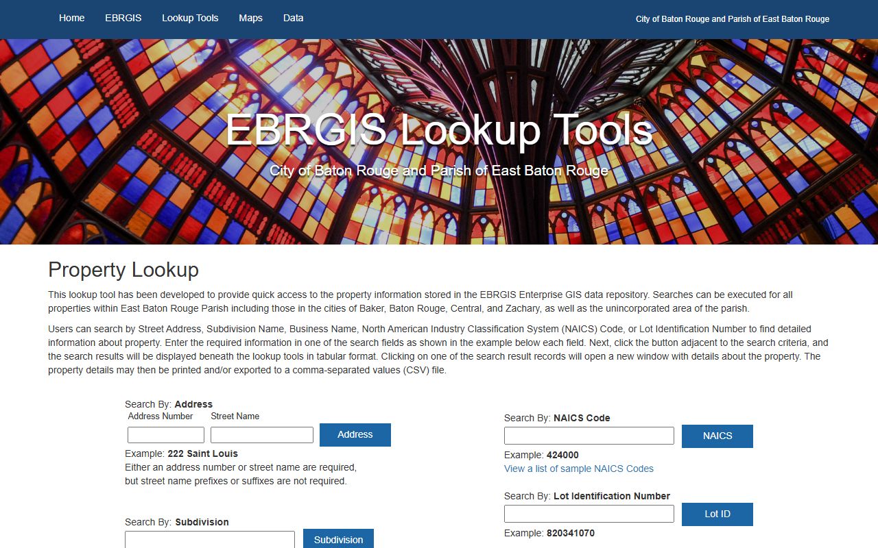 EBRGIS property lookup tool for Baton Rouge property tax records