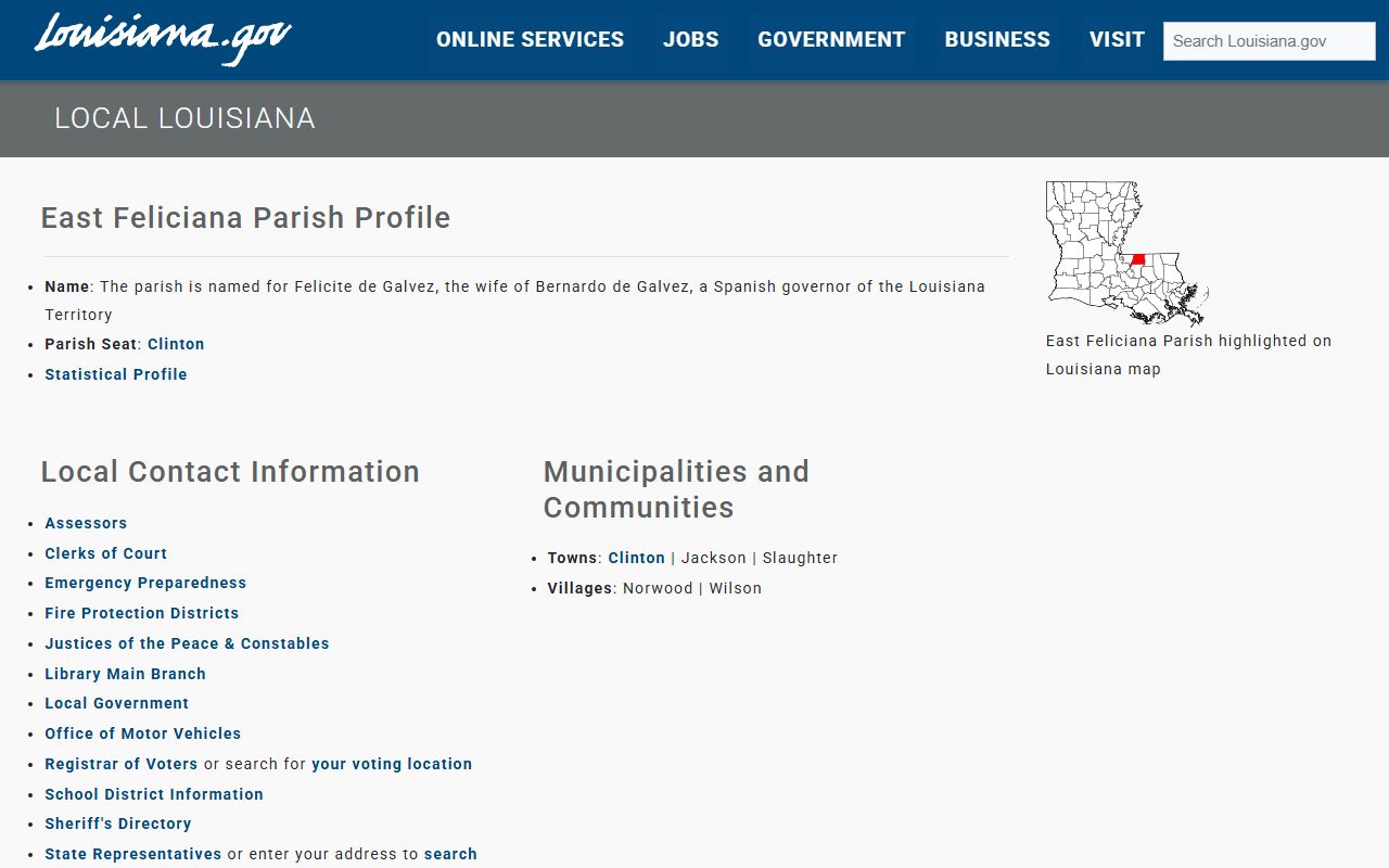 Louisiana state information page for East Feliciana Parish property tax records