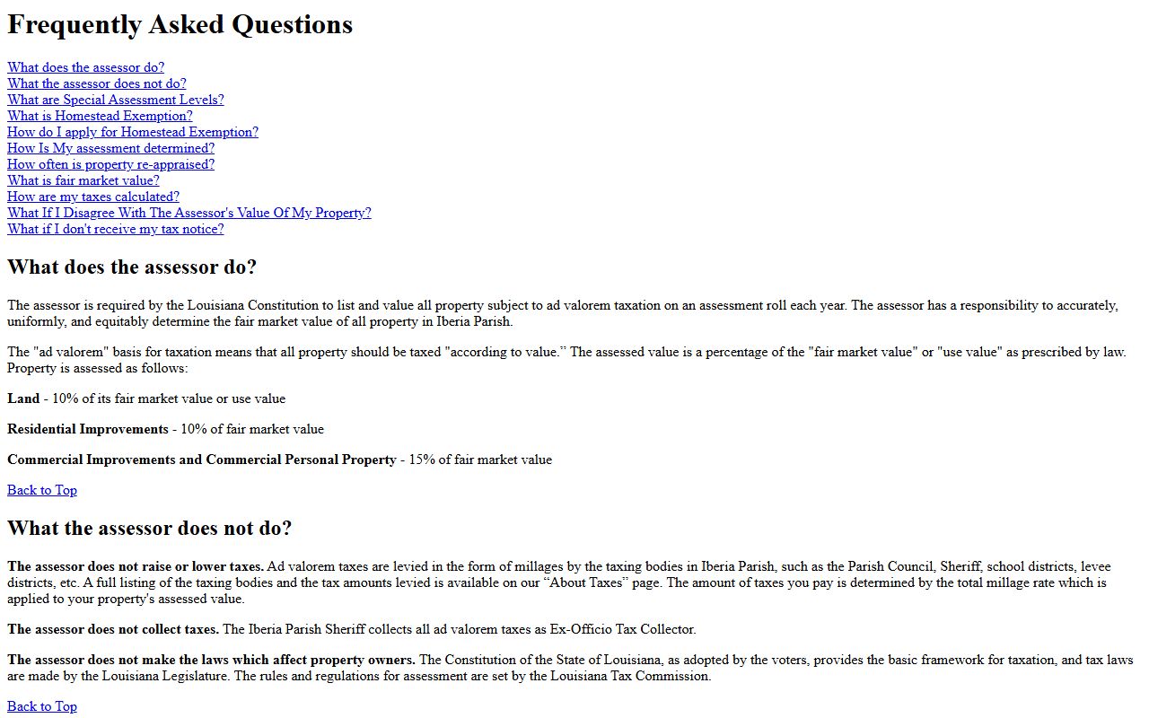 Iberia Parish Assessor FAQ page for property tax records