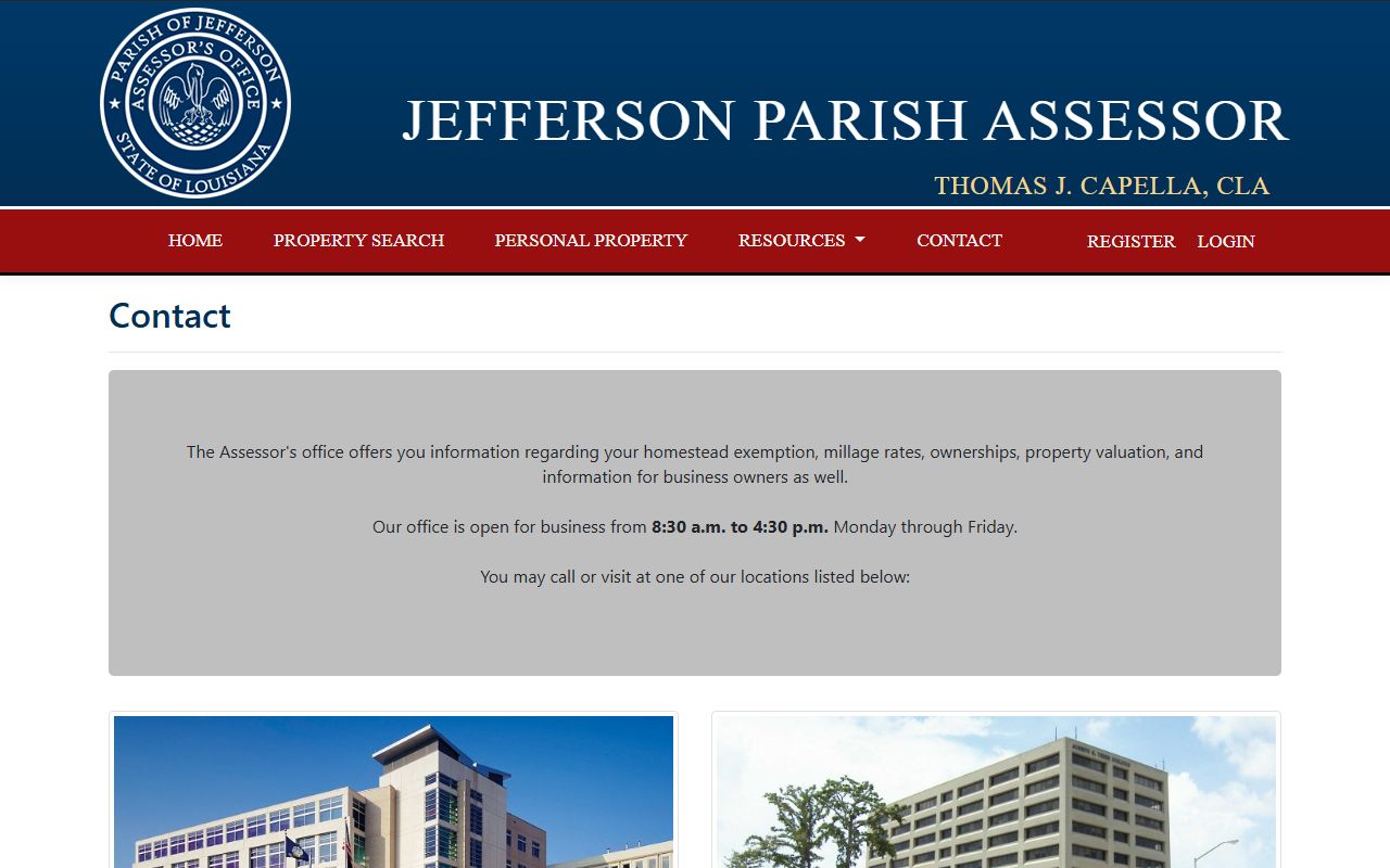 Jefferson Parish Assessor contact page for property tax records