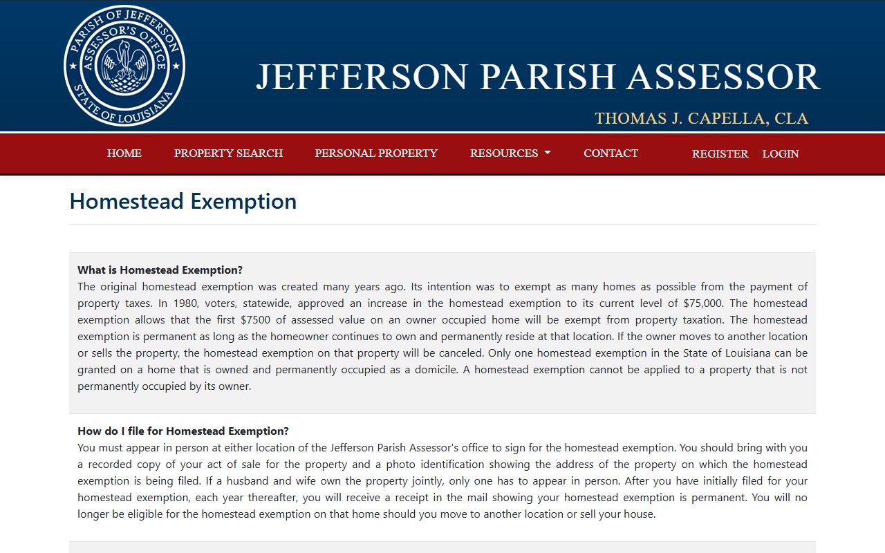 Jefferson Parish Assessor homestead exemption page for property tax records