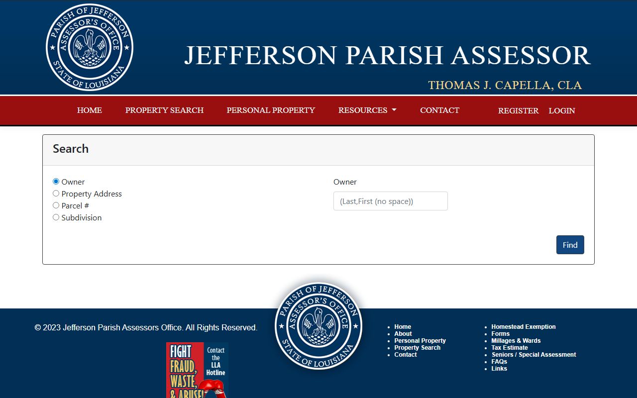 Jefferson Parish Assessor property search page for tax records