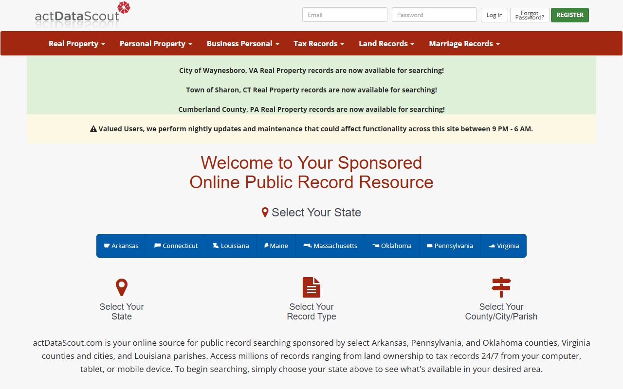 actDataScout search page for Tangipahoa Parish property tax records