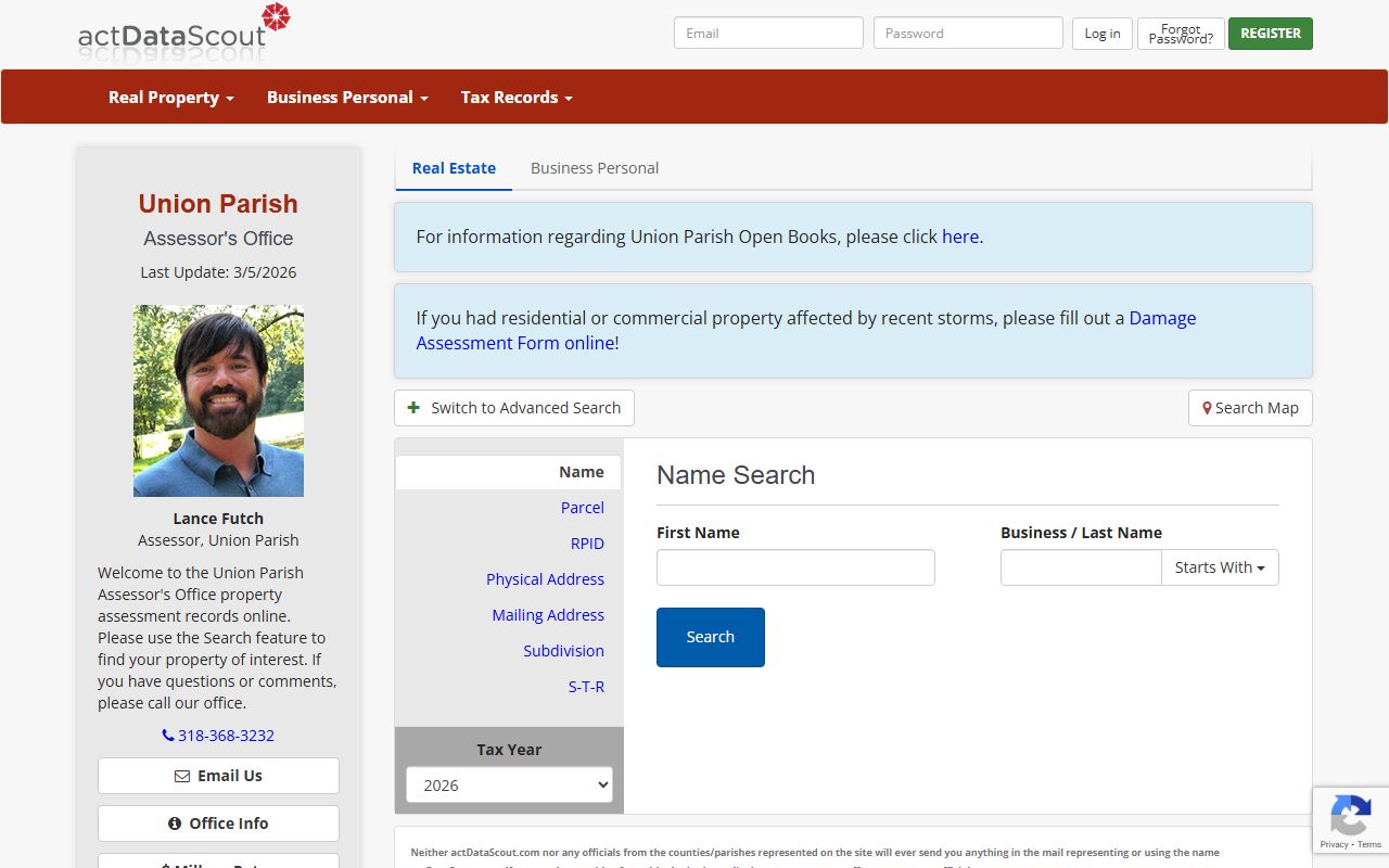 actDataScout search page for Union Parish property tax records