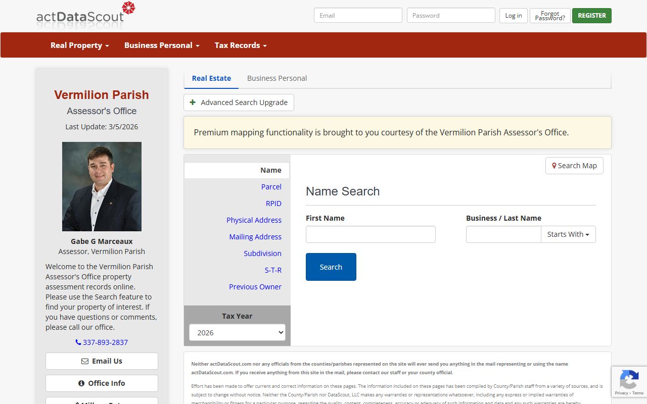 actDataScout search page for Vermilion Parish property tax records