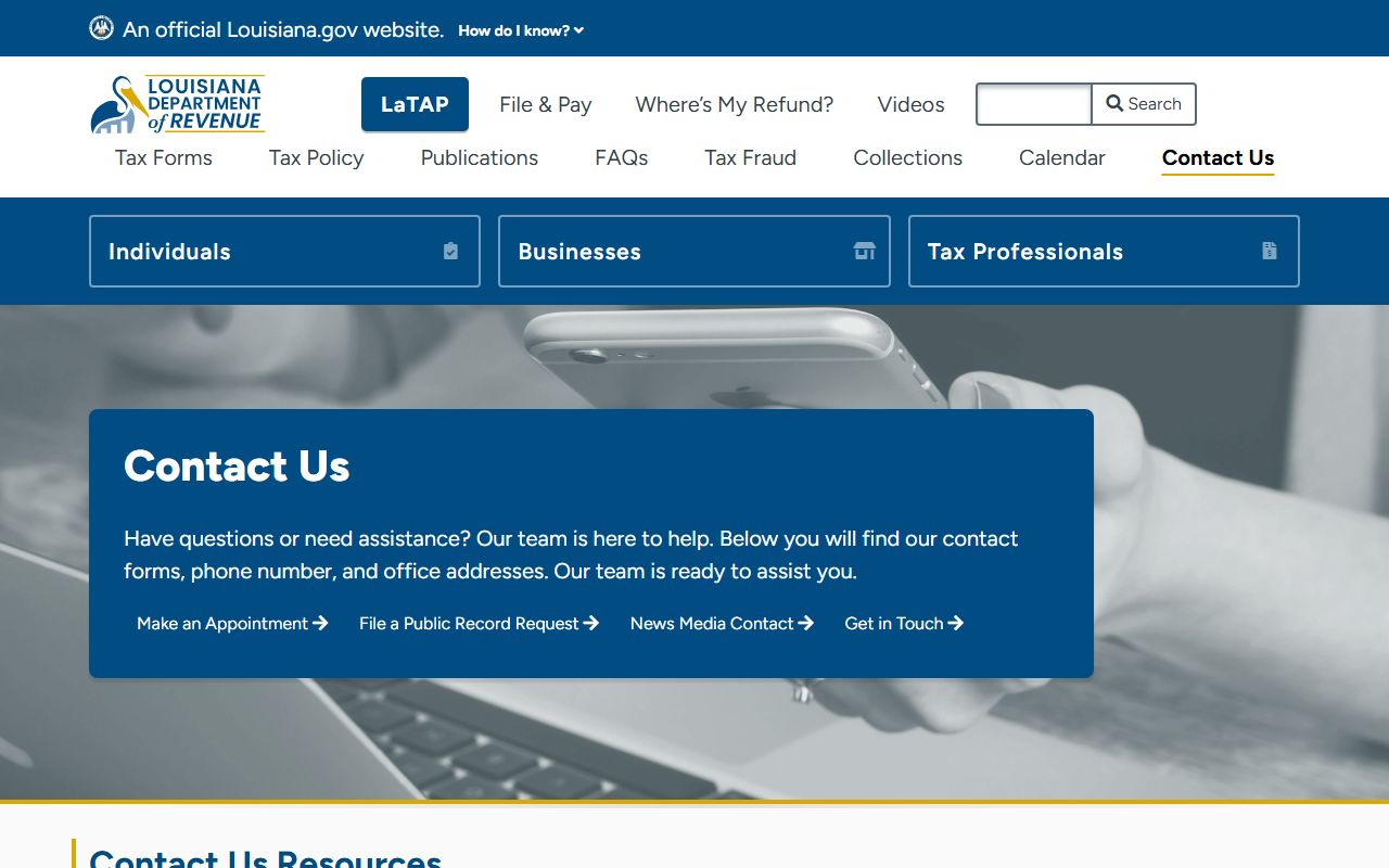 Louisiana Department of Revenue contact page for tax records