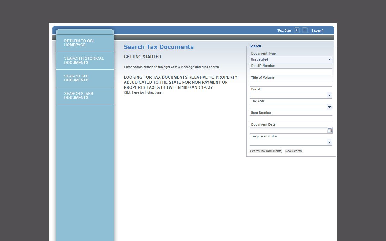 Louisiana State Land Office tax document search for property tax records
